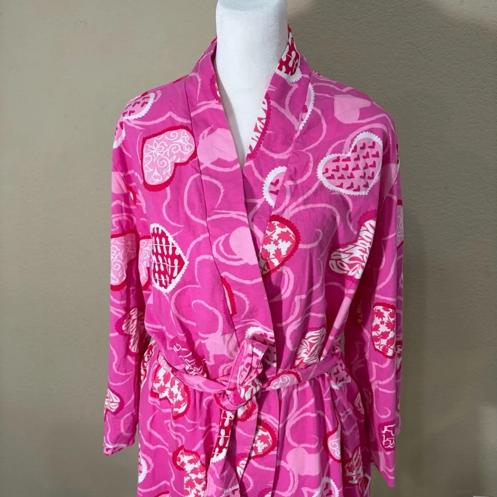 Pajamagram Hers Pink Red Heart Robe Waist Tie Pockets Long Sleeve Sz S/M Cozy - Picture 2 of 10